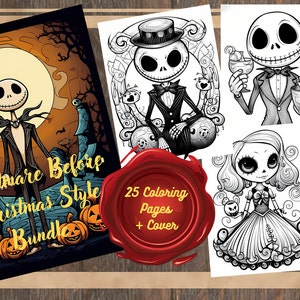 25 Jack & Sally Coloring Book, Nightmare before Christmas Style Coloring Pages, Jack Skellington Fan Gift, Stress relief