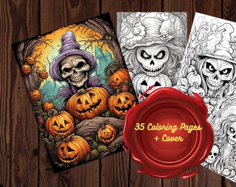 35 Adult Halloween Coloring Book Bundle, Spooky Pumpkins Grayscale Coloring Pages, Halloween activity, PDF Download