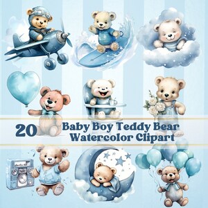 青い男の子のテディベアのクリップアート、商用利用、透明PNG、ジャンクジャーナル、カード/キャンドル作り、昇華、新生児