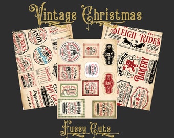 Cortes quisquillosos del diario navideño, 9 PNG Papel de etiqueta de álbum de recortes vintage, Imprimible, Descarga digital, Complementos efímeros