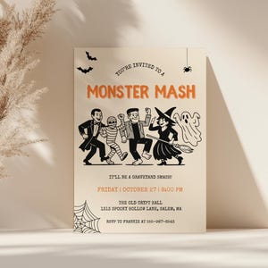 May include: A beige Halloween party invitation with the text "You're Invited to a Monster Mash." The invitation features illustrations of monsters and a witch. The event details include the date, time, and location.