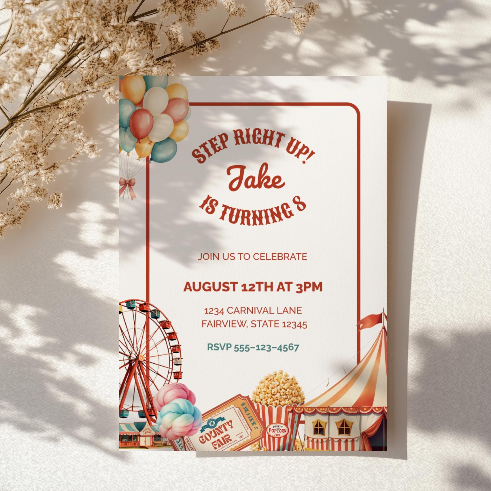 County Fair Birthday Party Invite, Editable Carnival Theme