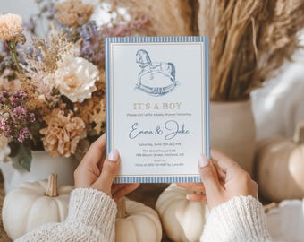 Rocking Horse Baby Shower Invitation, Classic Baby Boy Shower Invitation Template, Toile Blue Horse, Canva editable Invite Template