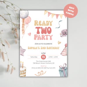 Ready Two Party Invitation, Editable 2nd Birthday Invite, Girl Retro, Cute Toddler Party Template, Instant Download, Canva, Second Birthday