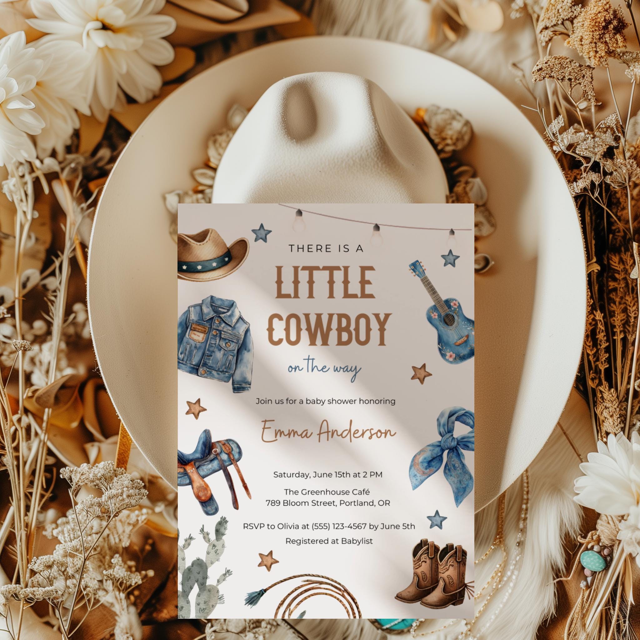 A Little Cowboy Baby Shower Invitation, Editable Wild West Baby Shower Invite, Brown Cowboy Baby Shower Invitation, Rodeo Baby BS4