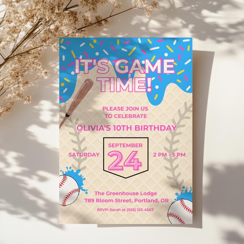 Baseball Drip Invite, Icecream Drip Invite, Digital Bday Invite, Social Media Invite, Instant Download, Digital Sharing, Canva Template, Digital Download, Baseball Ice Cream, Baseball Birthday, Instant Access, Ice Cream Drip Ball, Drip Baseball Party