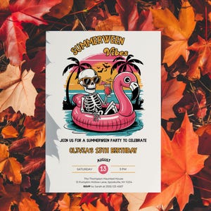 Summerween Party Invitation, Summer Halloween Birthday Invite, Summer Pool Party, Skeleton Birthday,  Ghost, Editable, Instant Download B16
