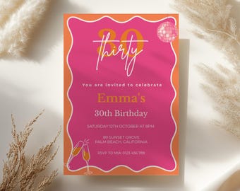 Invitación de cumpleaños número 30 para ella, plantilla editable rosa y naranja, descarga digital, invitación de cumpleaños número 30, invitación para fiesta, Canva