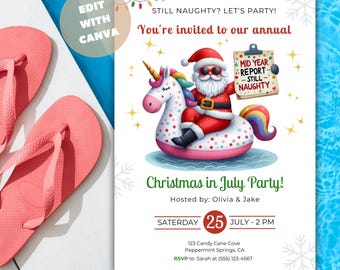 Christmas in July Invitation, Summer Santa Holiday Party Invite, Tropical Christmas Theme, Printable Canva Template, Birthday Party, B19