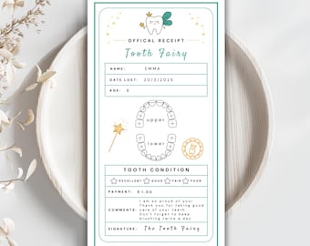 May include: A printable tooth fairy receipt with a cute cartoon tooth fairy illustration. The receipt includes fields for the child's name, date the tooth was lost, age, and tooth condition. It also includes a space for the tooth fairy's signature and a payment amount.