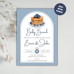 Baby Shower Invitation, Editable Blueberry Pancake Brunch Invite, Digital Download Template for Baby Shower Celebration, Sprinkle, Canva