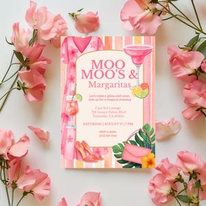 MuMu & Margaritas Invitation, Ladies Night Invite, Bachelorette Party, Pajama Girls Party Invitation, Pink Margs and Moo Moos Invitation