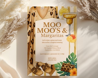 Invitación "Moo Moos & Margaritas", Margs y Moo Moos, Invitación para Noche de Damas, Despedida de Soltera, Leopardo Rosa, Fiesta Glamorosa de Pijamas para Chicas