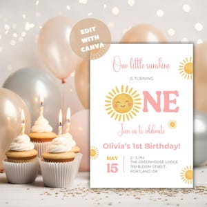 Convite de aniversário Sunshine, convite para o primeiro aniversário de uma menina, convite Sunshine, convite para o primeiro aniversário Sunshine, modelo Canva, convite para festa B10