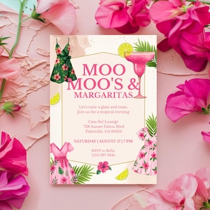 Moo Moos & Margaritas Invitation, Ladies Night Invite, Bachelorette Party, Pink Margs and Moo Moos Invite Pyjama Girls Glamour Party