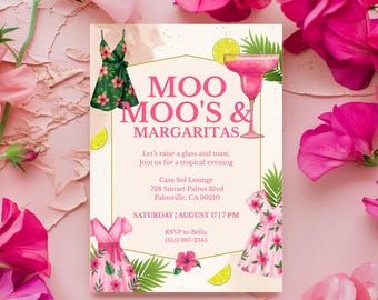 Moo Moos & Margaritas Invitation, Ladies Night Invite, Bachelorette Party, Pink Margs and Moo Moos Invite Pyjama Girls Glamour Party