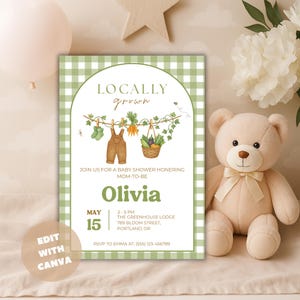 Locally Grown Baby Shower Invitation Template, Locally Grown Invite, Farmers Market Baby Shower Printable Invite, Gingham, Home Grown, Evite