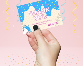 Tarjeta de agradecimiento con diseño de béisbol, etiquetas personalizadas para fiestas de cumpleaños, etiquetas de regalo, tarjetas de regalo digitales para niños, diseño de helado, Canva, TC1