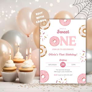 Sweet One Birthday Invitation, 1st Birthday Girl Invitation, She&#39;s a Sweet One 1st Birthday Invitation Pink Donut Birthday Invite Printable