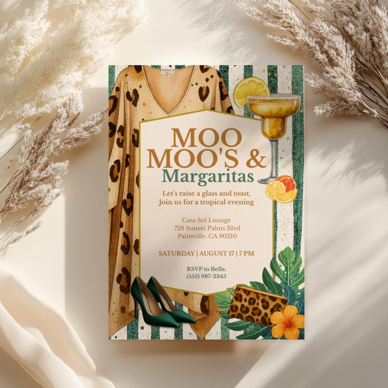 Moo Moos Margarita Party Invitation, Emerald Leopard Cheetah Theme ...