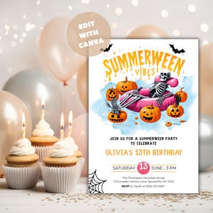 Summerween Birthday Party Invitation, Summer Halloween Invite, Summer Pool Party, Skeleton Birthday,  Ghost, Editable, Instant Download B16