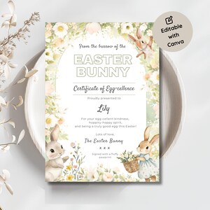 Certificado de Pascua editable, correo de conejito de Pascua, plantilla, certificado de excelencia de huevo imprimible, canasta de Pascua para niños, Canva, carta, Canva