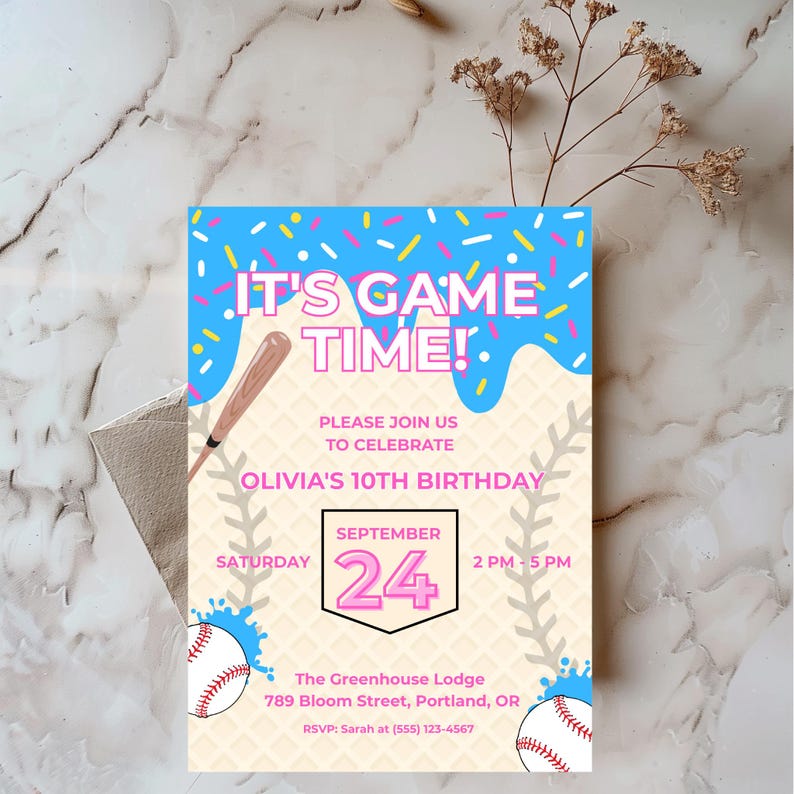 Baseball Drip Invite, Icecream Drip Invite, Digital Bday Invite, Social Media Invite, Instant Download, Digital Sharing, Canva Template, Digital Download, Baseball Ice Cream, Baseball Birthday, Instant Access, Ice Cream Drip Ball, Drip Baseball Party