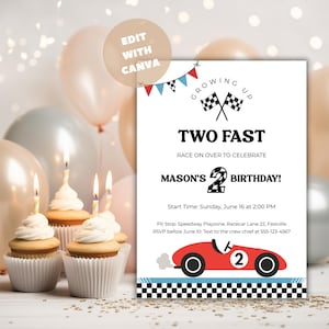 Two Fast Birthday Invitation Vintage Race Car Birthday 2nd Fast Birthday Invite Retro Race Car Editable Digital Download, Canva B15