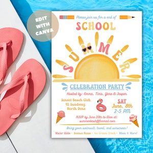 Invitación para fiesta de fin de curso, fiesta de verano en la piscina, fin de curso, invitación de fin de curso con piscina de verano, boho, sol, plantilla Canva B18