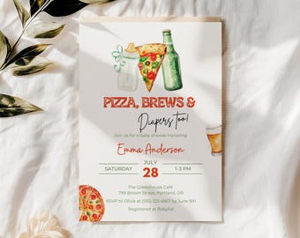 Pizza, Brews, and Diapers Baby Shower Invitation, Editable Baby Shower Invite, Bottle Pizza Beer Party, Gender Neutral, Baby-Q Coed