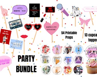 Swifties Inspired Printable Party Bundle | 13 Cupcake Toppers | 54 Photobooth Props | Eras Party | Printable | Instant Download