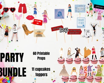 Swifties Inspired Printable Party Bundle | 11 Cupcake Toppers | 60 Photobooth Props | Eras Party | Printable | Instant Download