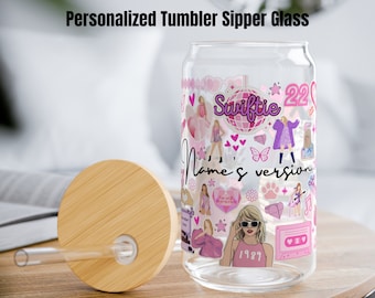 Custom Personalized Name Tumbler | Iced Coffee Cup Glass with Lid & Straw | Swifties | Gift for her | Sipper Glass 16oz | Fan Gift |Birthday