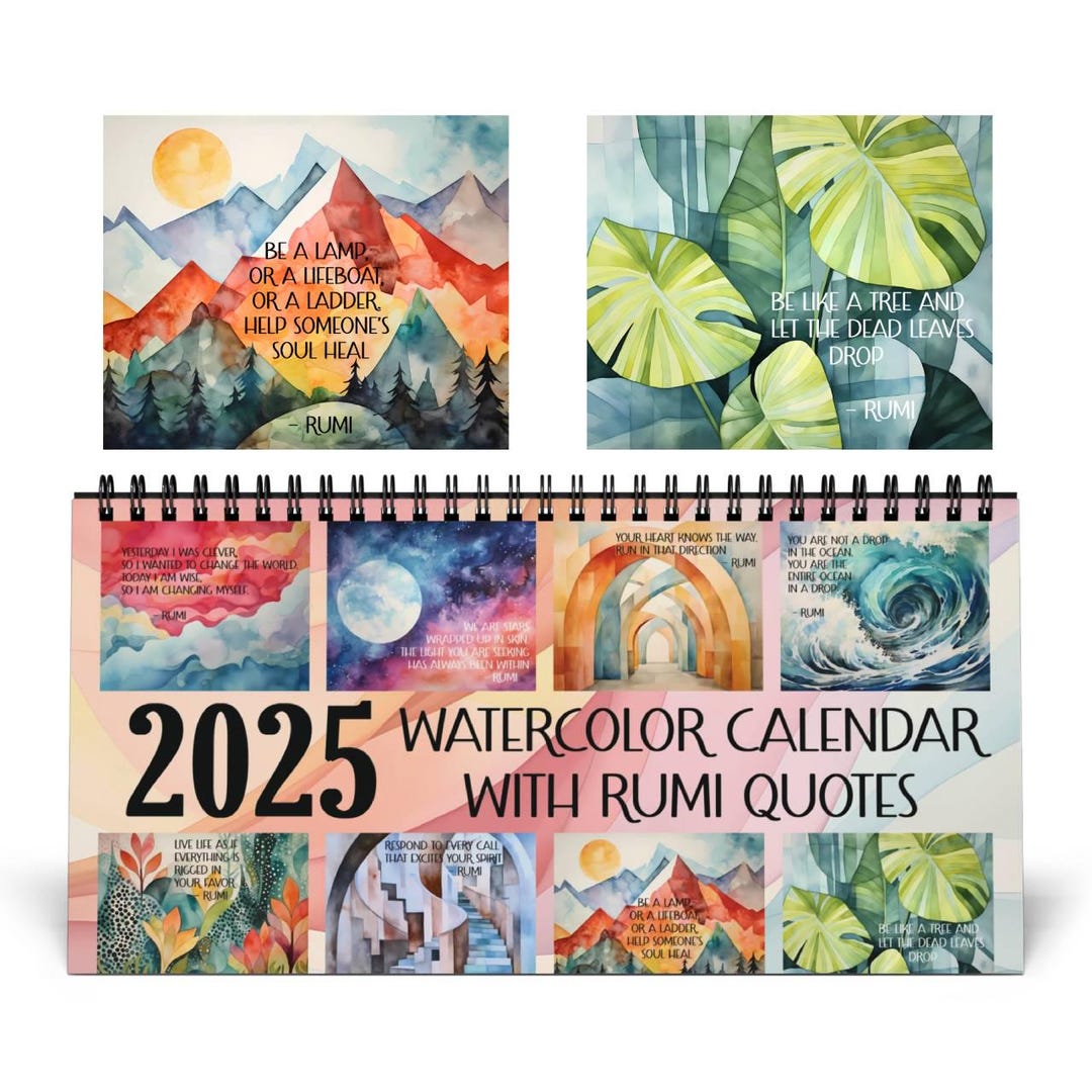 Watercolor & Rumi 2025 Desk Calendar, Rumi Quotes, Abstract Watercolor