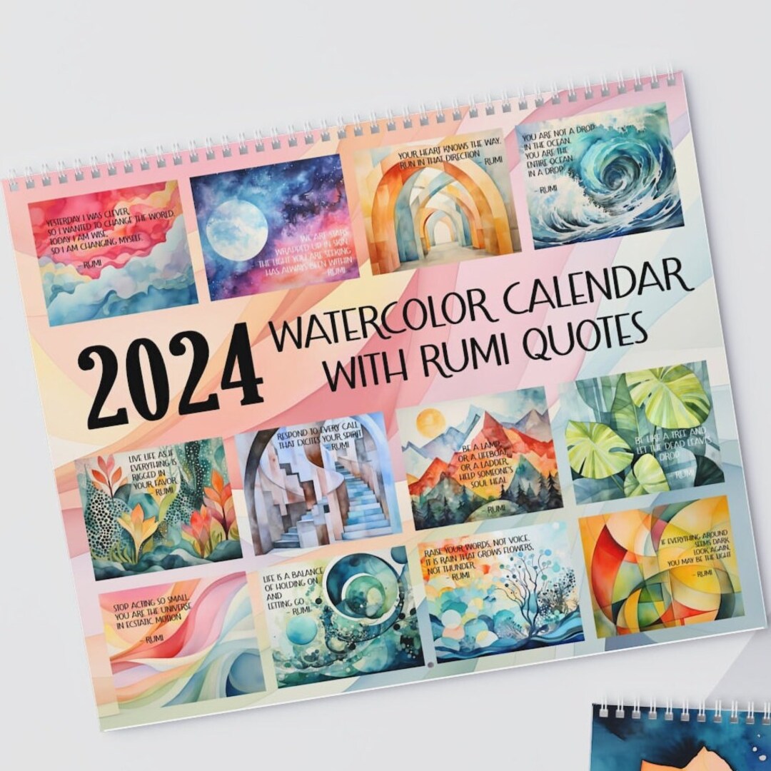 Watercolor & Rumi 2024 Wall Calendar, Rumi Quotes, Abstract Watercolor