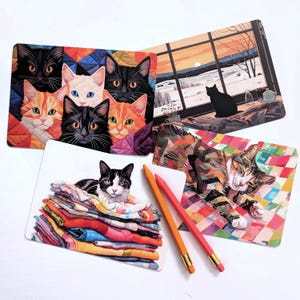 Pacote de cartões postais Cats on Quilts, conjunto de 4, tamanho grande, conjunto de papelaria, presente para quilter, arte de gato