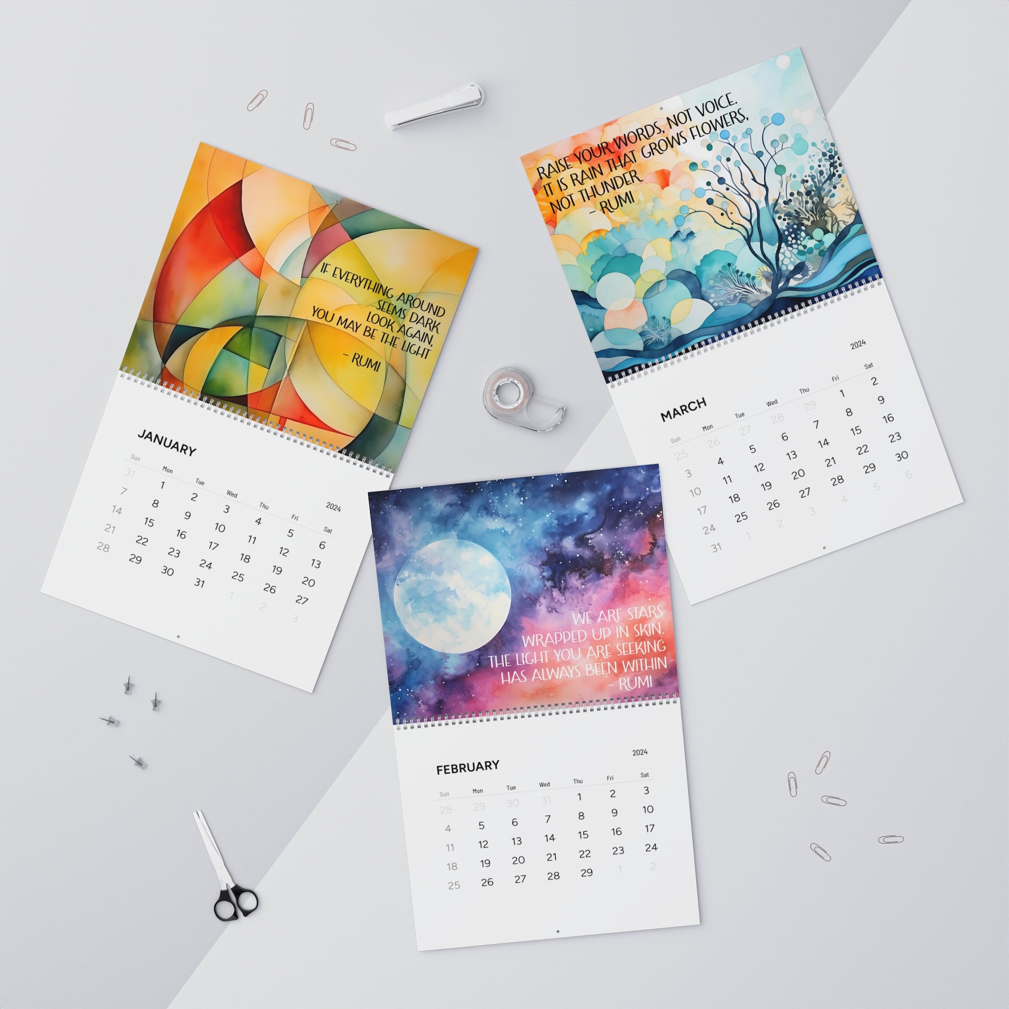 Watercolor & Rumi 2024 Wall Calendar, Rumi Quotes, Abstract Watercolor