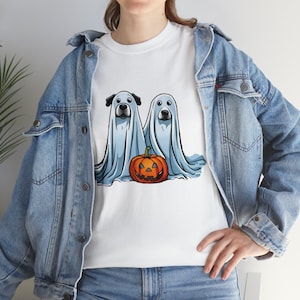 Spooky Ghost Dogs & Pumpkin Print T-Shirt - Unisex Halloween Baumwollshirt mit Kürbis Design