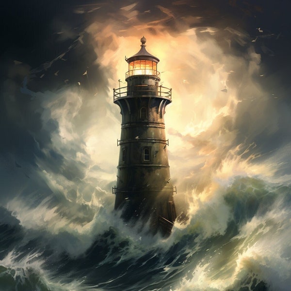 Lighthouse Print, storm and sea, Coastal Art Decor, Modern Minimalist Poster, Lighthouse Poster, Lighthouse Wall Art