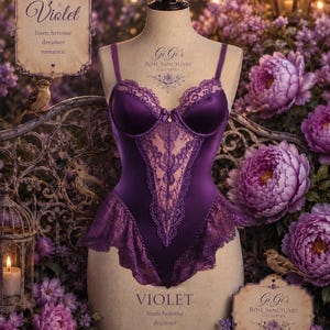 Royal Purple Lace Teddy – Satin & Lace Ruffle Teddy Lingerie, Romantic Nightwear, Violet Teddy Silhouette