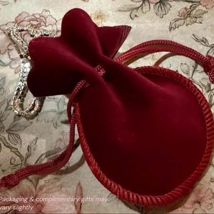 Pu&ograve; includere: Una collana d'argento &egrave; appoggiata vicino a un sacchetto di velluto rosso scuro con chiusura a coulisse. Il sacchetto &egrave; rifinito con un cordoncino rosso abbinato. Lo sfondo presenta un motivo floreale con colori tenui e smorzati. Il testo in basso dice "Packaging & complimentary gifts may vary slightly."