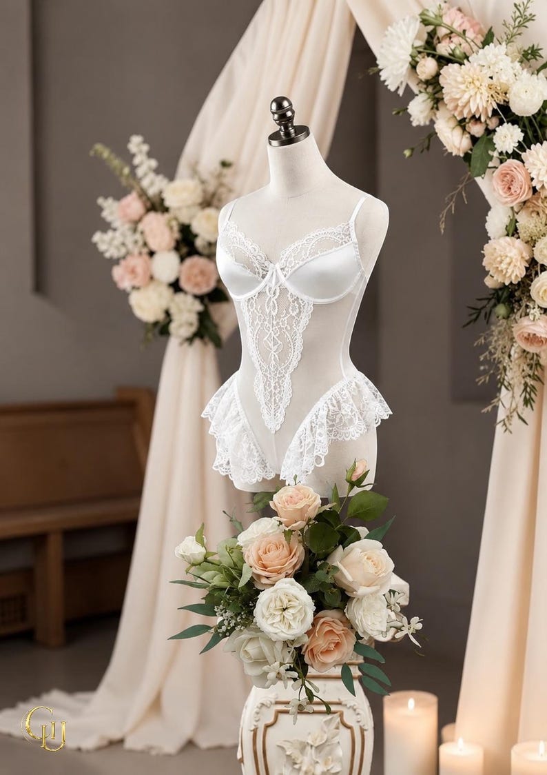 Pu&ograve; includere: Un body bianco in raso e pizzo esposto su un manichino. La lingerie presenta un delicato design in pizzo e finiture a balze. Il manichino &egrave; circondato da composizioni floreali con rose color pesca e bianche.