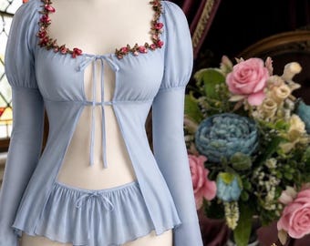 Baby Blue Romance Lingerie Set | Renaissance Style Babydoll, Skirted Thong