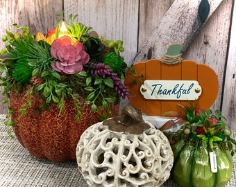 Lighted Pumpkin Set Faux Succulent Centerpiece Graduated sizes Highly sought after Fall Decor FREE SHIPPING