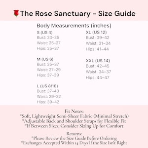 Pu&ograve; includere: Guida alle taglie di "The Rose Sanctuary" con misure del corpo in pollici per le taglie S (US 4) a XXL (US 14). Include misure di busto, vita e fianchi. Note sulla vestibilit&agrave;: tessuto morbido e leggero, spalline regolabili.