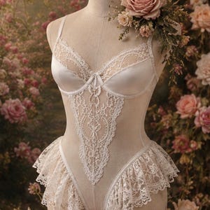 May include: A white bodysuit featuring a satin bodice with lace trim along the neckline and a central lace panel extending down the torso. The garment includes a ruffled lace hemline around the hips and thin shoulder straps on a mannequin.