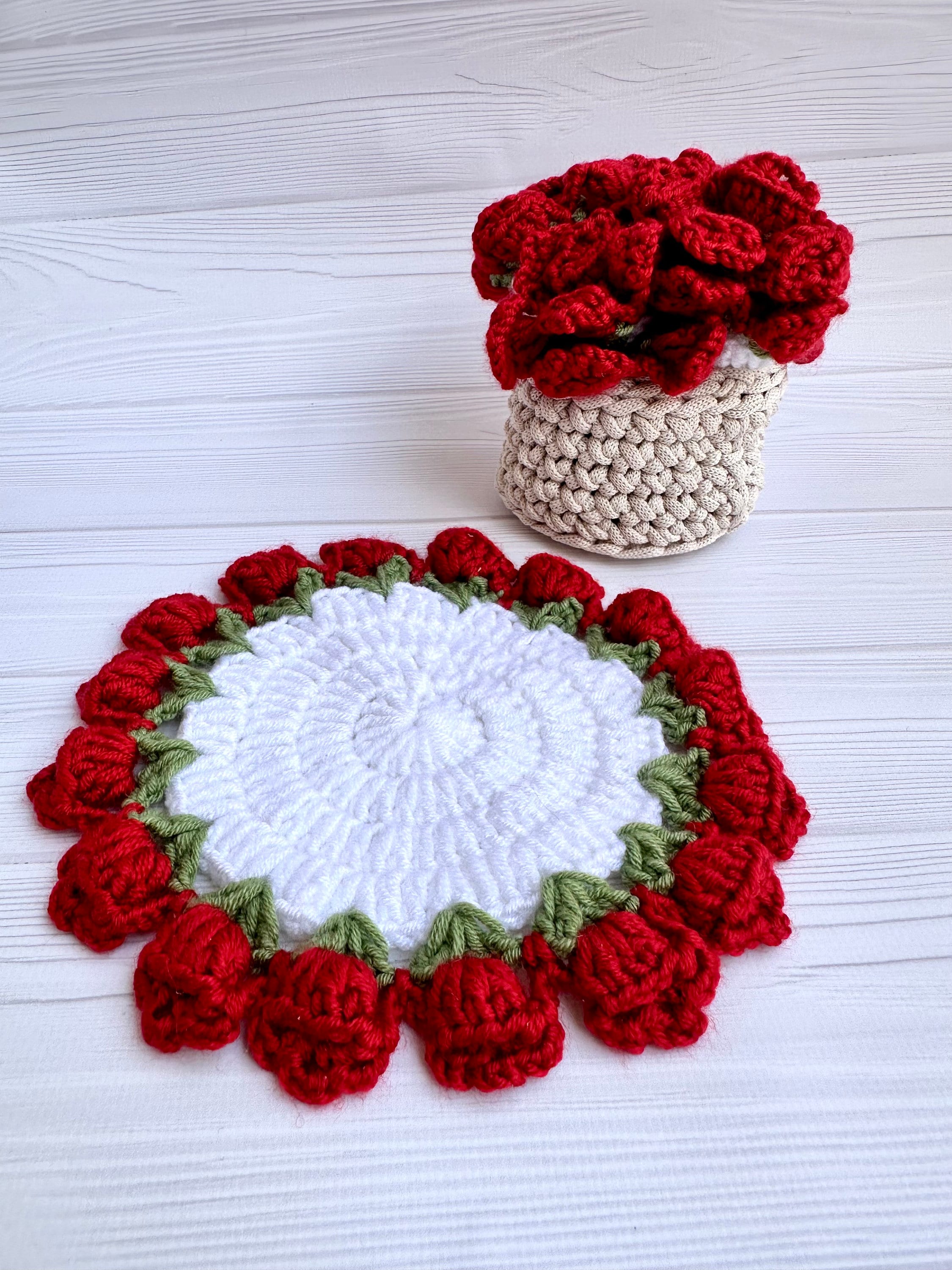 Crochet Rose Coaster Pattern – Flower Bouquet Pot Coaster (digital