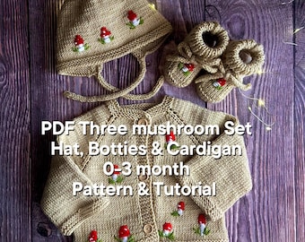 Mushroom Baby Knitting Pattern Set: Cardigan, Hat, Booties (PDF)