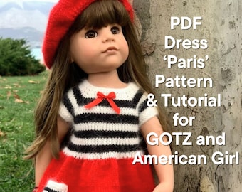 Dress for GOTZ doll KNIT patter / Christmas dress for 19-20 inch  45-50 cm doll, American Girl doll, clothes pattern PDF French dress, eng