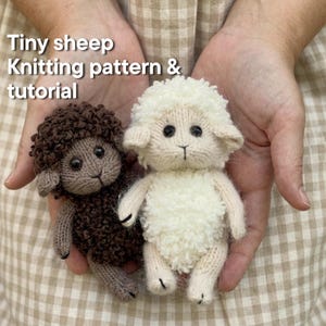 May include: Two small knitted sheep toys, one dark brown and one cream white, featuring textured wool-like bodies, smooth faces, and dark eyes. The text "Tiny sheep Knitting pattern & tutorial" is visible in the upper left corner of the image.